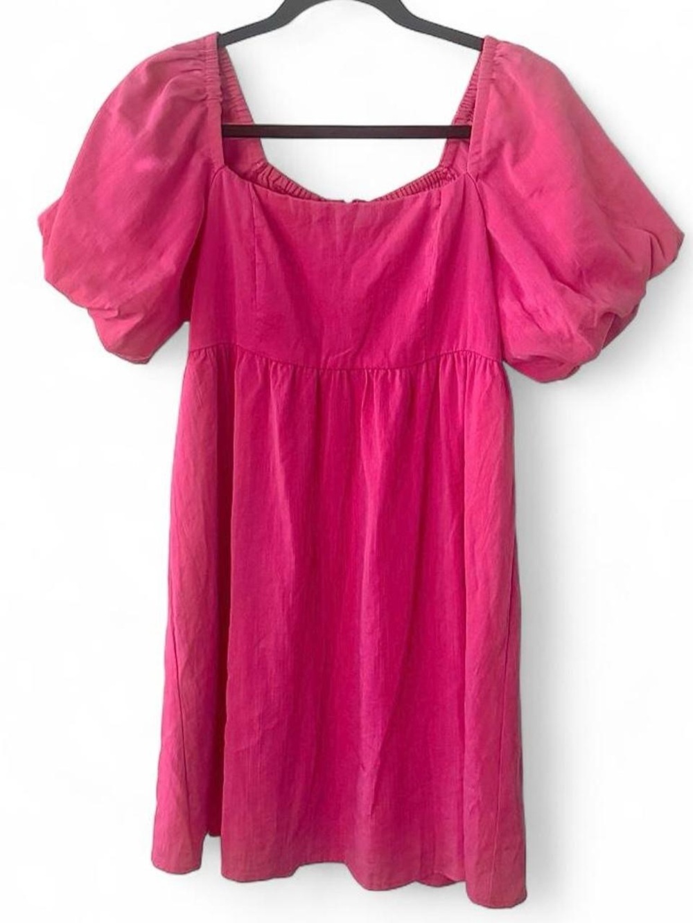 Fuchsia Square-Neck Mini Dress with Puff Sleeves